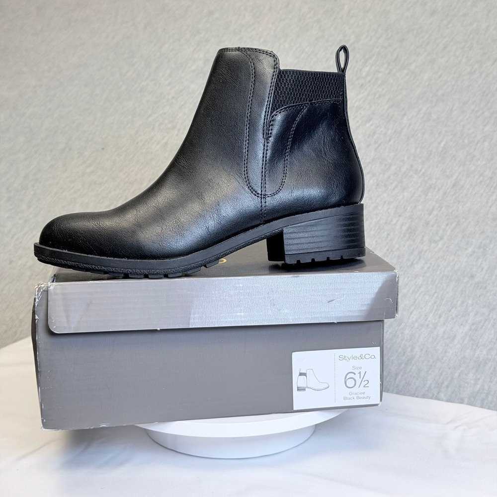 Style & Co Graciee Womens Black Ankle Boots Block Heel Side Zip Size 6.5 M